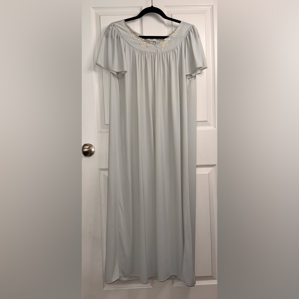 VTG Satin Nightgown Light Gray with Baby Yellow Floral Embroidered Neckline